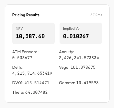 Quantra swaption pricing results screenshot