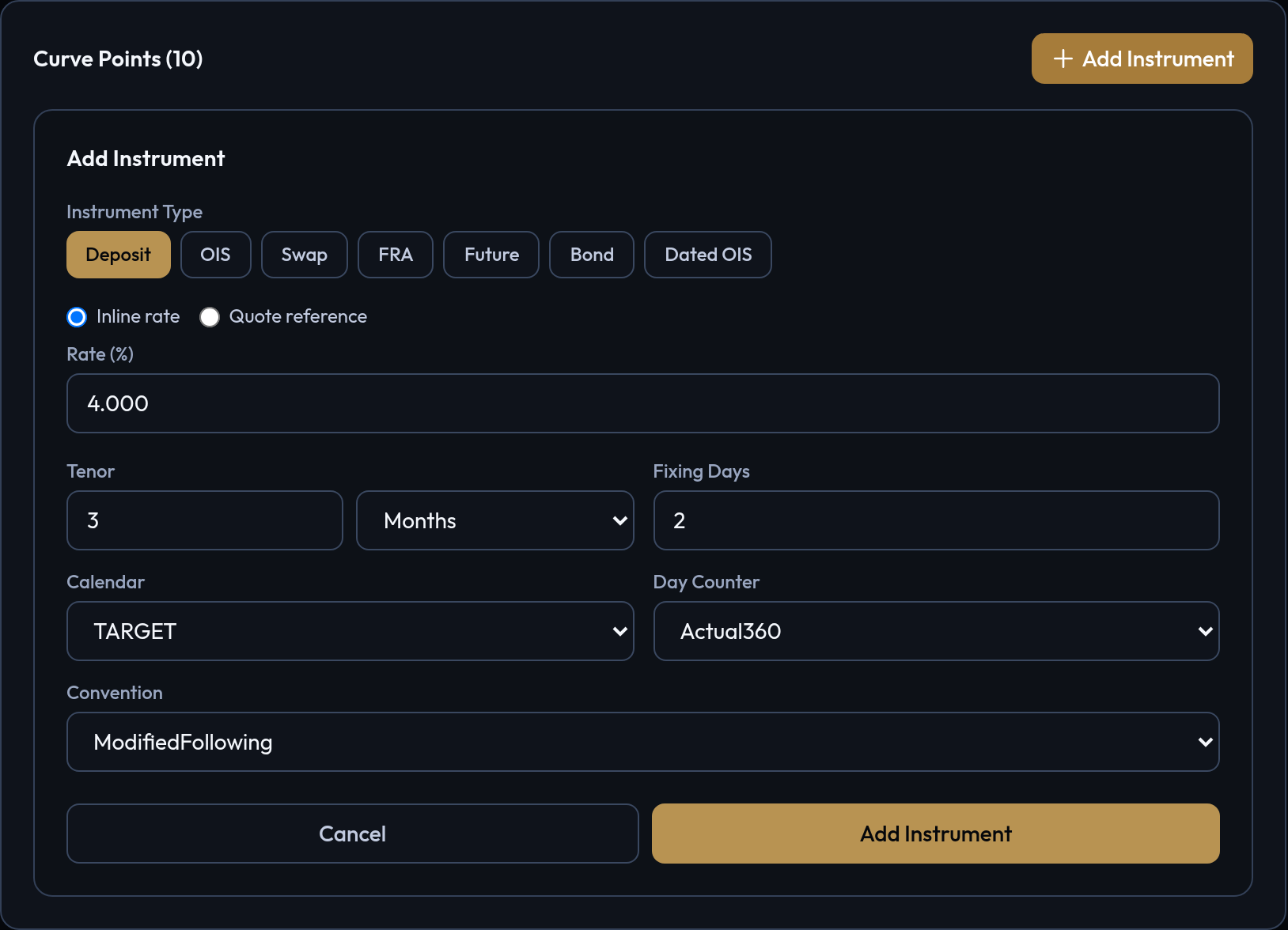 The Add Instrument editor