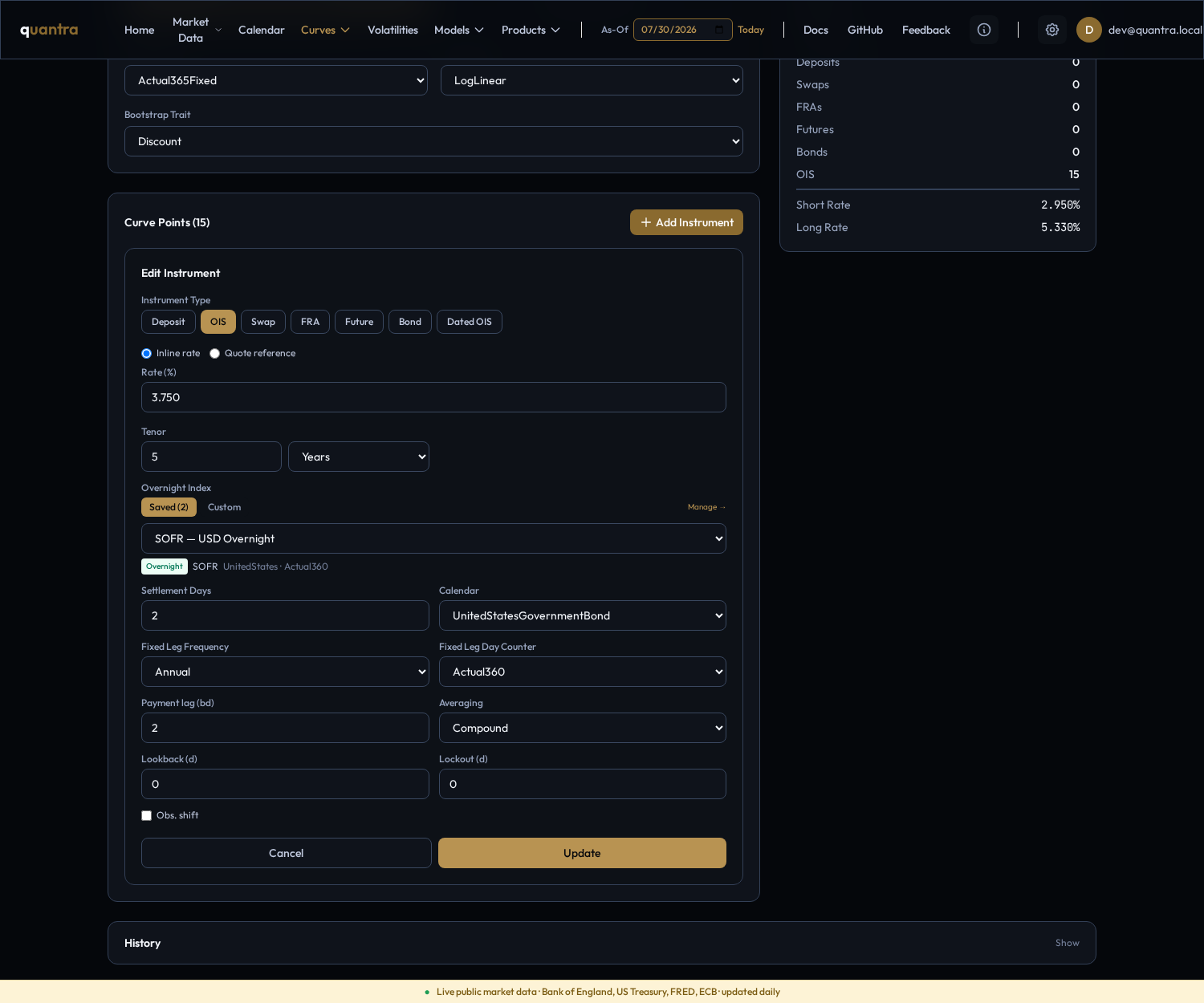 The OIS instrument editor with the 5Y quote and the overnight parameters