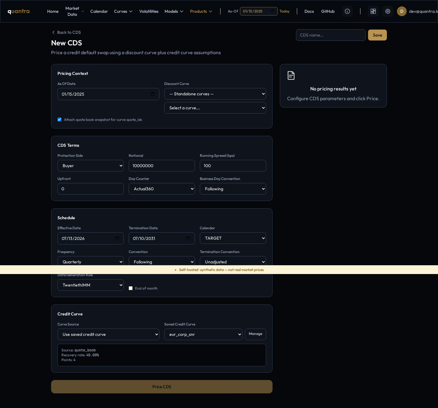 The New CDS form: Pricing Context, CDS Terms, Schedule, and Credit Curve sections