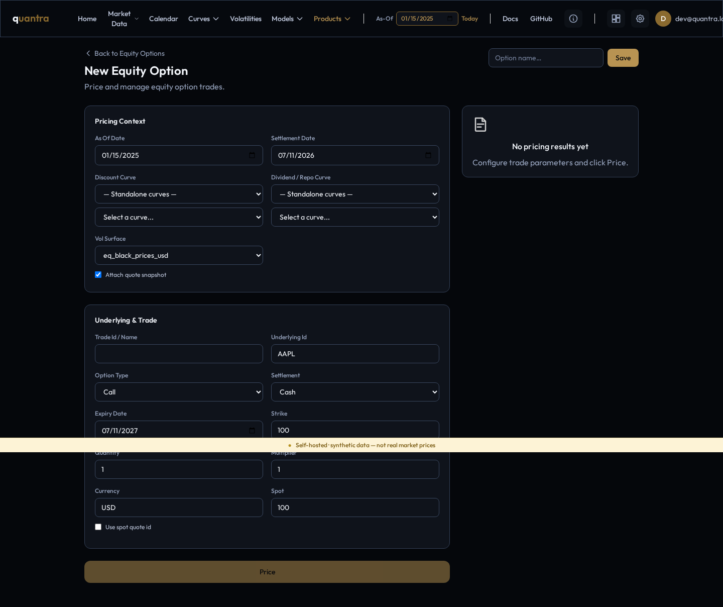 The New Equity Option form: Pricing Context and Underlying & Trade sections