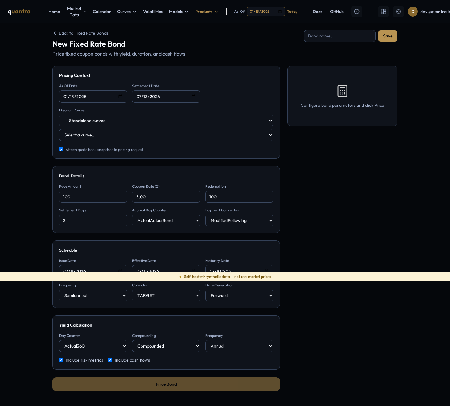 The New Fixed Rate Bond form: Pricing Context, Bond Details, Schedule, and Yield Calculation sections