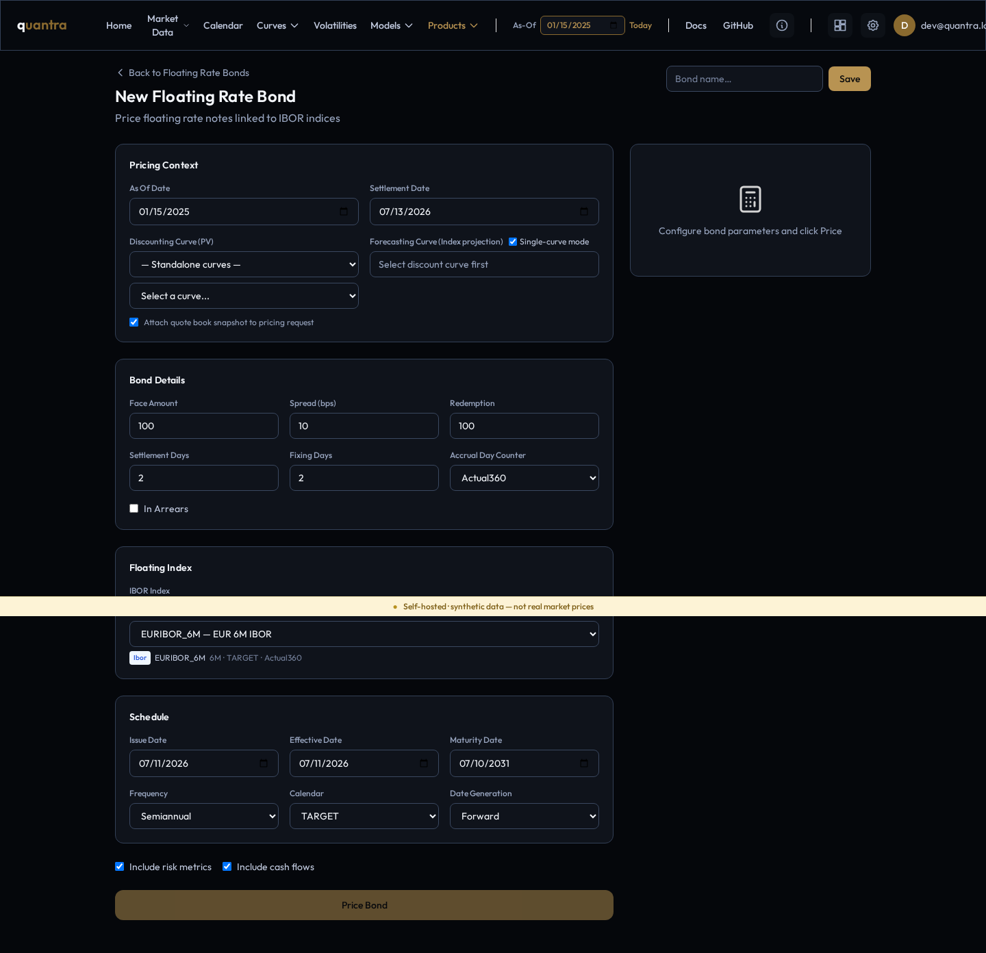 The New Floating Rate Bond form: Pricing Context, Bond Details, Floating Index, and Schedule sections