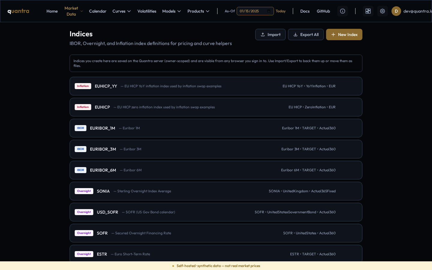 The Indices list showing IBOR, overnight, and inflation index definitions