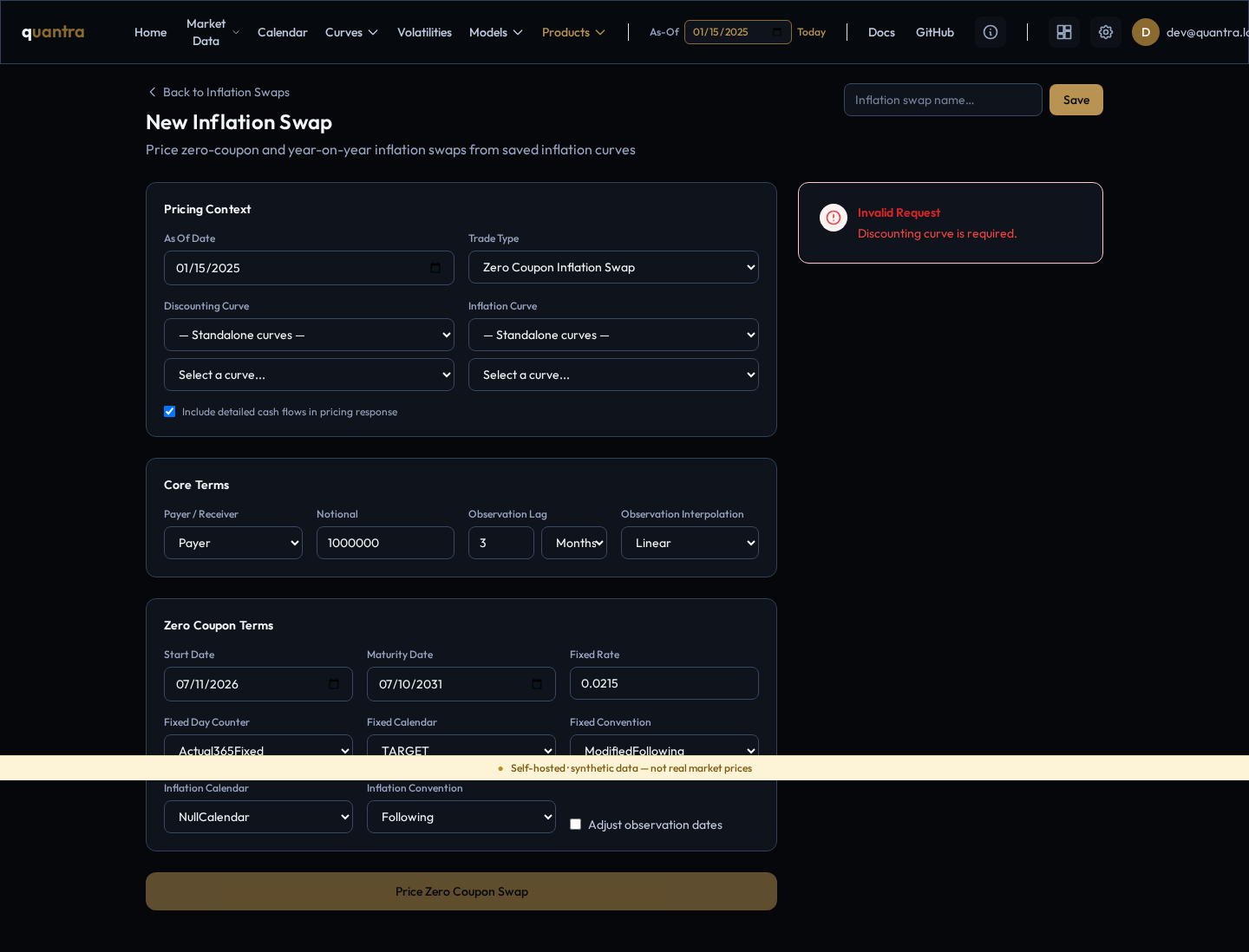 The New Inflation Swap form: Pricing Context, Core Terms, and Zero Coupon Terms sections