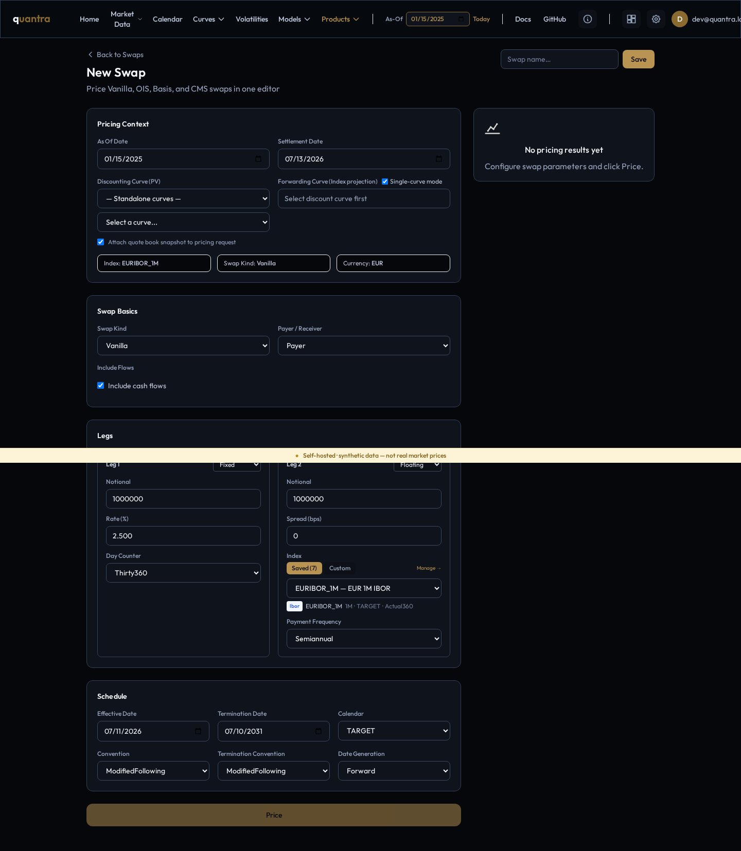 The New Swap form: Pricing Context, Swap Basics, Legs, and Schedule sections