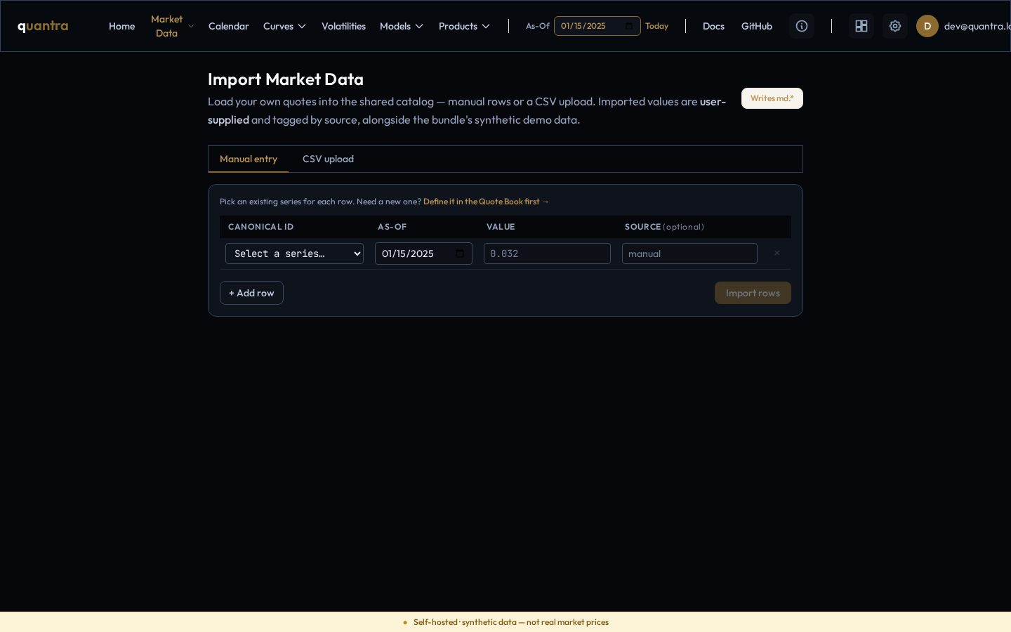 The Import Market Data screen with the manual-entry tab and a row editor