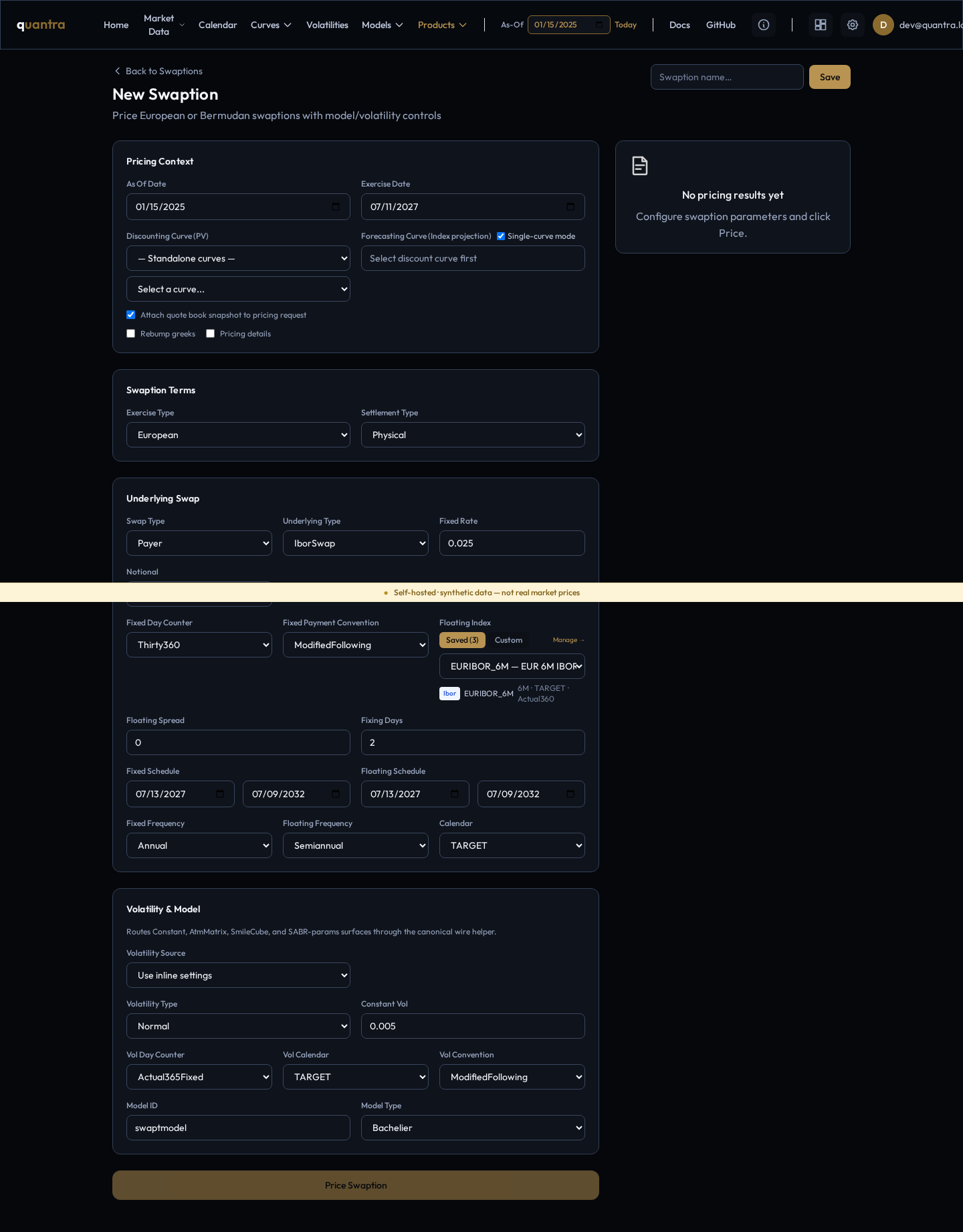 The New Swaption form: Pricing Context, Swaption Terms, Underlying Swap, and Volatility & Model sections